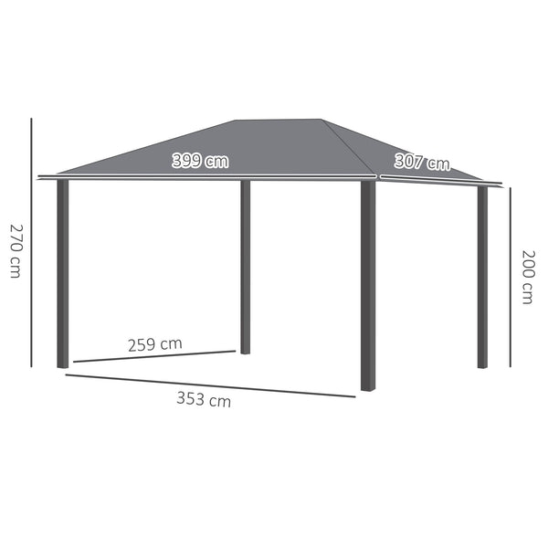 Tonnelle de jardin extérieur 4 x 3 m pavillon de jardin avec toit rigide en métal galvanisé, structure en aluminium, rideaux et moustiquaires, gris et marron