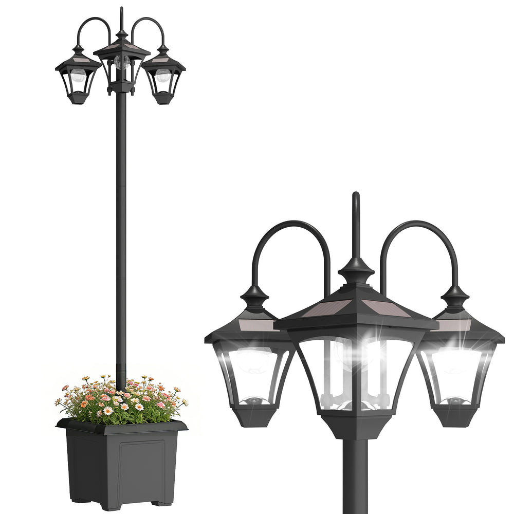 Lanterne solaire lampadaire avec jardinière réglable en hauteur 185 cm extérieure lanterne de jardin à 3 têtes contrôle de l'éclairage interrupteur IP44 lanternes solaires lampes solaires lanterne solaire pour jardin balcon