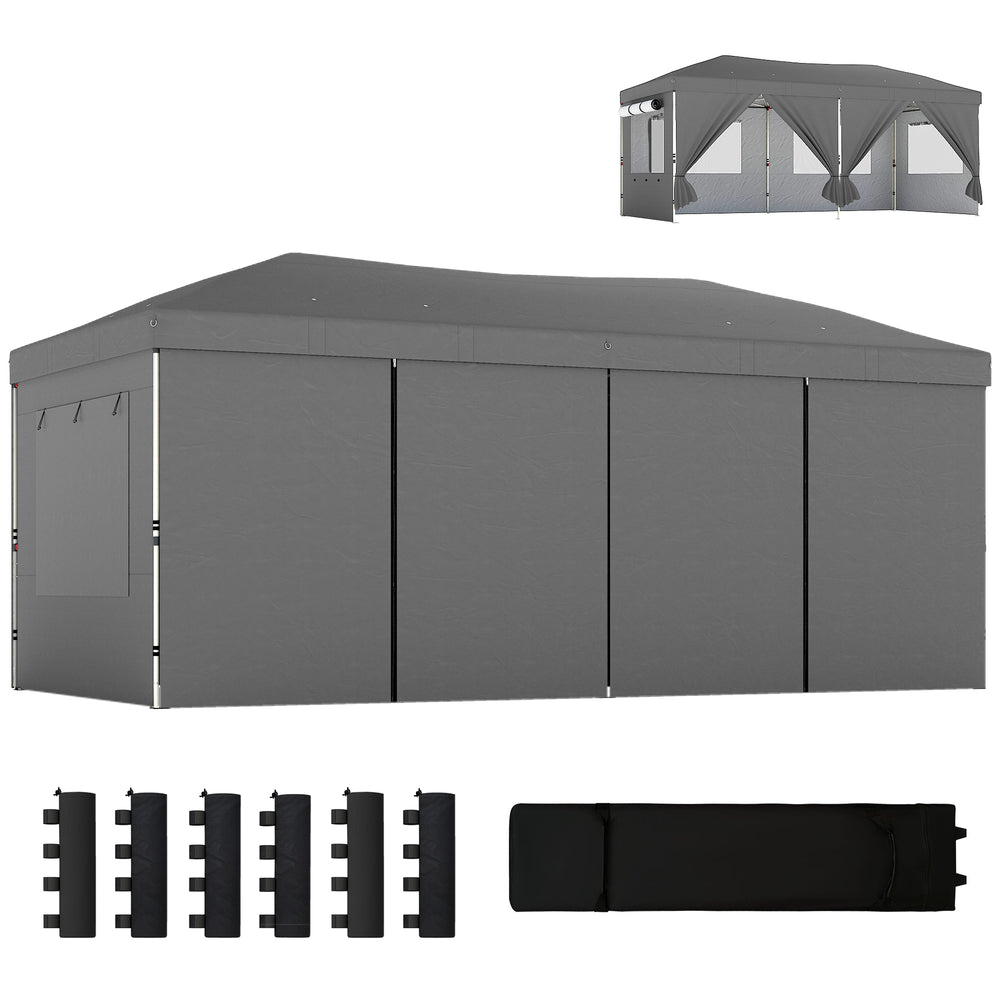 Tonnelle de jardin 3 x 6 m pop up tente pliante réglable en hauteur protection UV50+ tonnelle pliante avec 6 parois latérales 6 sacs de sable sac de transport à roulettes montage facile gris