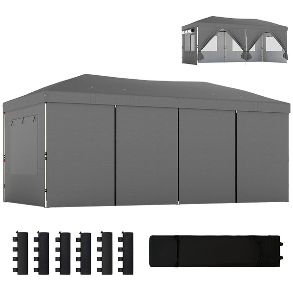 Tonnelle de jardin 3 x 6 m pop up tente pliante réglable en hauteur protection UV50+ tonnelle pliante avec 6 parois latérales 6 sacs de sable sac de transport à roulettes montage facile gris
