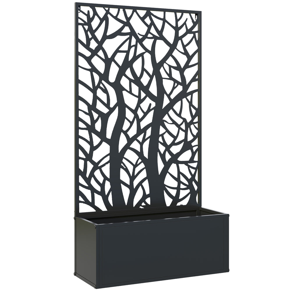 Jardinière avec treillis à motif arbres, bac à fleurs, lit surélevé, pour plantes grimpantes, légumes, fleurs, en métal, intérieur et extérieur, cour, jardin, balcon, 61 x 23 x 113 cm, noir