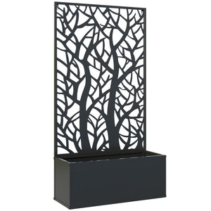 Jardinière avec treillis à motif arbres, bac à fleurs, lit surélevé, pour plantes grimpantes, légumes, fleurs, en métal, intérieur et extérieur, cour, jardin, balcon, 61 x 23 x 113 cm, noir
