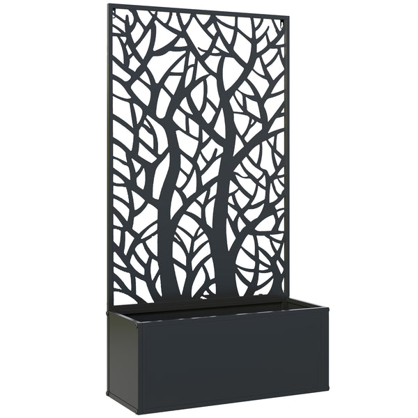 Jardinière avec treillis à motif arbres, bac à fleurs, lit surélevé, pour plantes grimpantes, légumes, fleurs, en métal, intérieur et extérieur, cour, jardin, balcon, 61 x 23 x 113 cm, noir