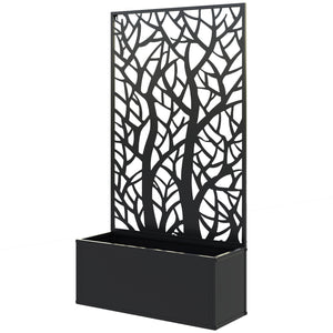 Jardinière avec treillis à motif arbres, bac à fleurs, lit surélevé, pour plantes grimpantes, légumes, fleurs, en métal, intérieur et extérieur, cour, jardin, balcon, 61 x 23 x 113 cm, noir