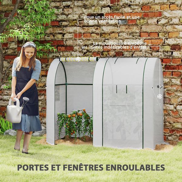 Serre de jardin 1,8 m² serre à tomates dim. 1,85L x 0,9l x 1,5H m 2 portes zippées déroulantes 4 fenêtres enroulables acier PE haute densité 135 g/m² anti-UV blanc