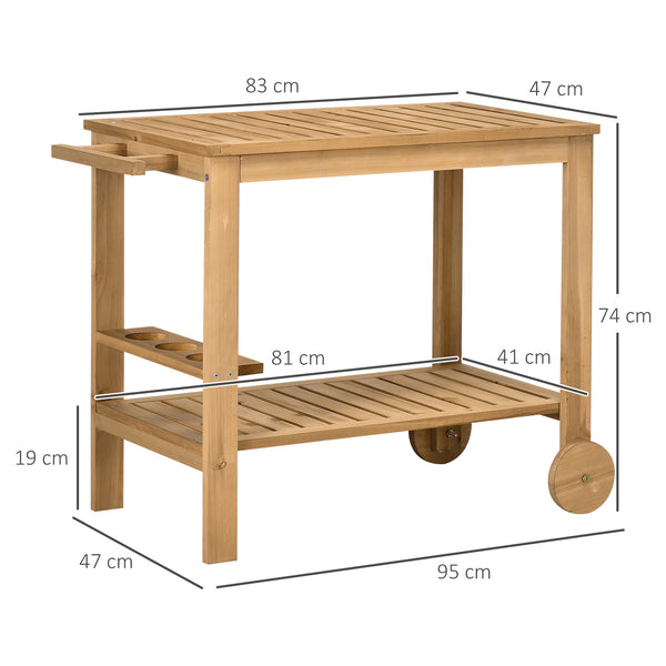 Desserte de jardin chariot pour plancha barbecue en bois avec poignée 2 plateaux et porte-bouteilles 95 x 47 x 74 cm