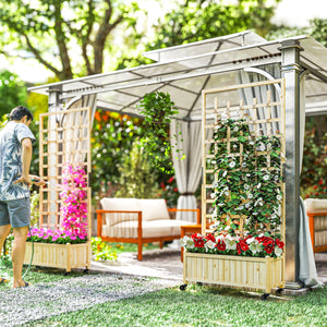 Jardinière avec treillis, bac à fleurs avec roues, lit surélevé, pour plantes grimpantes, légumes, fleurs, bois massif, intérieur et extérieur, cour jardin balcon, 82,5x35x186cm, bois naturel