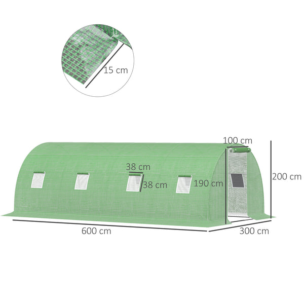 Serre de Jardin Tunnel 18 m² dim. 6L x 3l x 2H m - 8 fenêtres, Porte zippée Enroulable - châssis Tubulaire Acier galvanisé, bâche PE Haute densité Vert