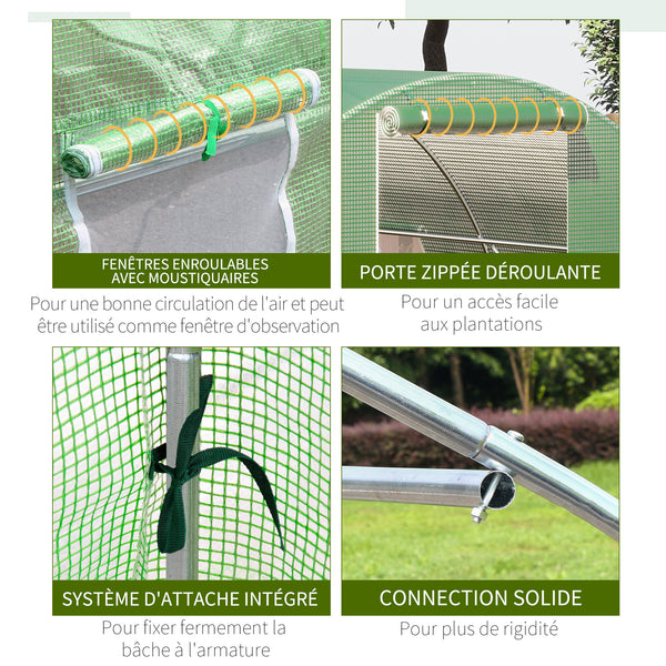 Serre de Jardin Tunnel 18 m² dim. 6L x 3l x 2H m - 8 fenêtres, Porte zippée Enroulable - châssis Tubulaire Acier galvanisé, bâche PE Haute densité Vert