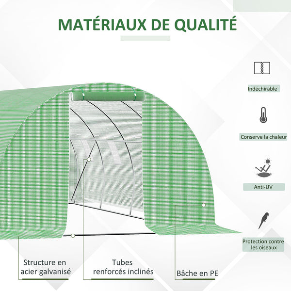 Serre de Jardin Tunnel 18 m² dim. 6L x 3l x 2H m - 8 fenêtres, Porte zippée Enroulable - châssis Tubulaire Acier galvanisé, bâche PE Haute densité Vert