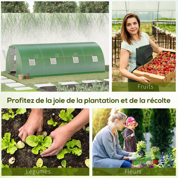 Serre de Jardin Tunnel 18 m² dim. 6L x 3l x 2H m - 8 fenêtres, Porte zippée Enroulable - châssis Tubulaire Acier galvanisé, bâche PE Haute densité Vert