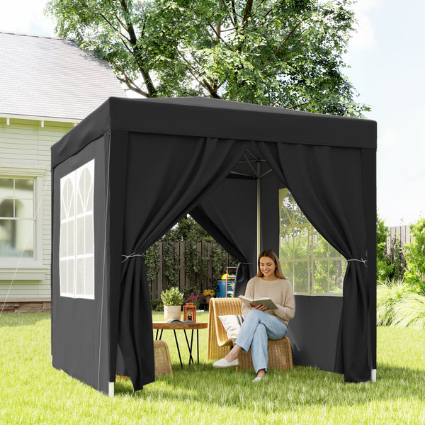 Tonnelle de jardin extérieure 2 x 2 m, tonnelle pliante pop-up, réglable en hauteur, protection UV, cadre en acier, 4 côtés amovibles, pour camping, festival, plage, sac de transport, noir