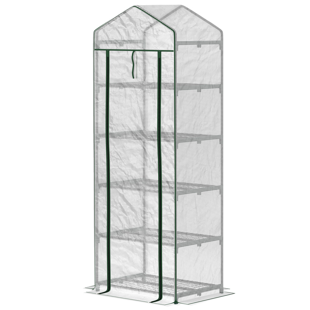 Serre de jardin PE avec étagères 5 niveaux, serre de balcon, bâche renforcée, châssis en acier, porte zippée enroulable, pour légumes plantes fleurs, 69 x 49 x 193 cm, blanc