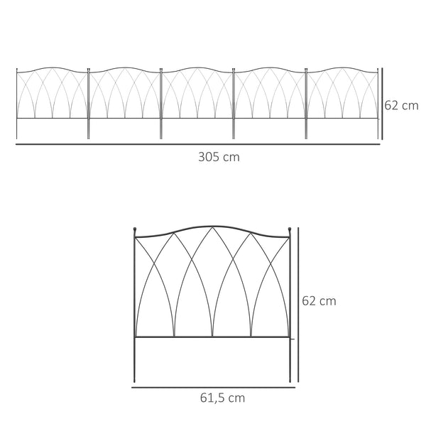 Lot de 5 clôtures de jardin décoratives en métal - 305 x 62 cm noir