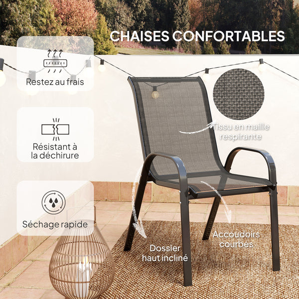 3 pièces salon de jardin extérieur, ensemble de meubles 2 fauteuils empilables, table basse avec dessus en verre trempé, tissu en textilène, pour patio, terrasse, balcon, noir