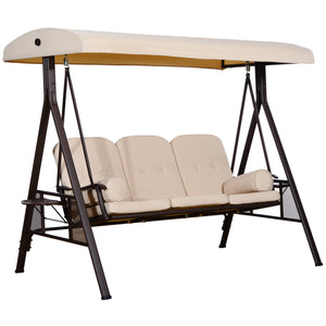 Balancelle de Jardin 3 Places Grand Confort Toit Inclinaison réglable Coussins Plateaux rétractables Polyester filé beige