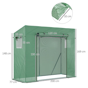 Serre de jardin PE, serre de balcon, bâche renforcée 140 g/m², châssis en acier, porte zippée enroulable, pour légumes plantes fleurs, intérieur et extérieur, 200 x 77 x 169 cm, vert