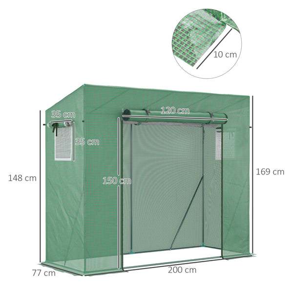 Serre de jardin PE, serre de balcon, bâche renforcée 140 g/m², châssis en acier, porte zippée enroulable, pour légumes plantes fleurs, intérieur et extérieur, 200 x 77 x 169 cm, vert