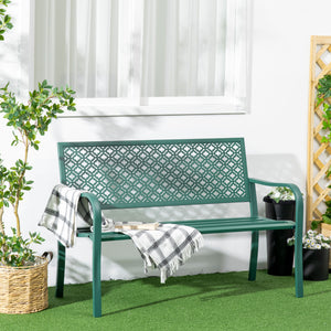 Banc de jardin, banc extérieur jardin en acier, avec dossier à motif floral, accoudoirs, pour 2 personnes, pour jardin, balcon, charge max. 240 kg, vert foncé