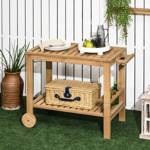 Desserte de jardin chariot pour plancha barbecue en bois avec poignée 2 plateaux et porte-bouteilles 95 x 47 x 74 cm