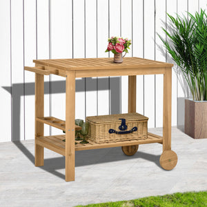 Desserte de jardin chariot pour plancha barbecue en bois avec poignée 2 plateaux et porte-bouteilles 95 x 47 x 74 cm