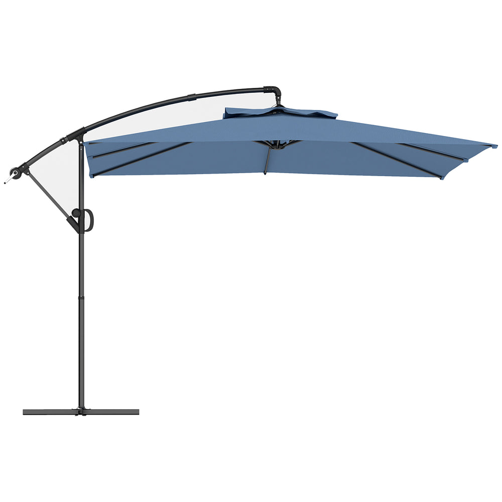 Parasol déporté carré 3 x 3 m, parasol de jardin extérieur avec manivelle, base croisée, parasol inclinable et rotation à 360°, toile polyester 180 g/m², protection UV UPF50+, bleu clair