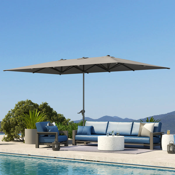Parasol de jardin extérieur, parasol double rectangulaire 451 x 264 cm avec ouverture fermeture manivelle, toile polyester 200 g/m², parasol pour balcon, piscine, terrasse, gris foncé