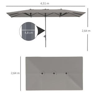 Parasol de jardin extérieur, parasol double rectangulaire 451 x 264 cm avec ouverture fermeture manivelle, toile polyester 200 g/m², parasol pour balcon, piscine, terrasse, gris foncé