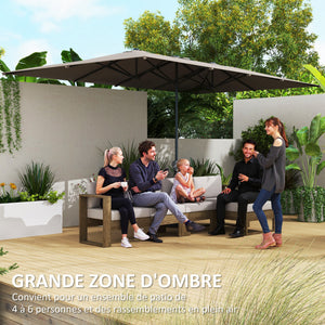 Parasol de jardin extérieur, parasol double rectangulaire 451 x 264 cm avec ouverture fermeture manivelle, toile polyester 200 g/m², parasol pour balcon, piscine, terrasse, gris foncé
