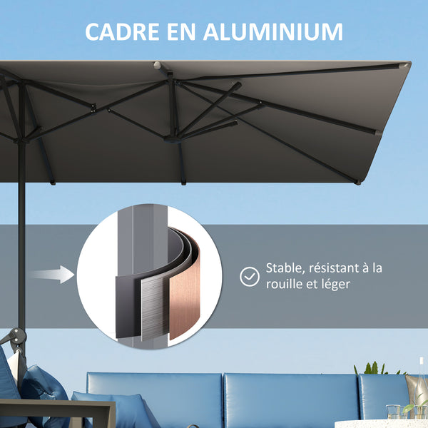Parasol de jardin extérieur, parasol double rectangulaire 451 x 264 cm avec ouverture fermeture manivelle, toile polyester 200 g/m², parasol pour balcon, piscine, terrasse, gris foncé