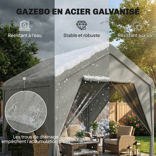 Tonnelle de jardin extérieur 3x3m pavillon de jardin hydrofuge - structure robuste en acier galvanisé avec toit double pente - barnum avec rideaux et moustiquaire pour fête et terrasse, gris