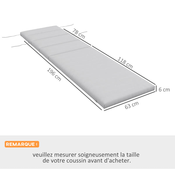 Coussin d'extérieur pour chaise Longue Coussin Bain de Soleil Rectangulaire avec appui-tête et liens, déperlant, 196 x 63 cm, gris clair