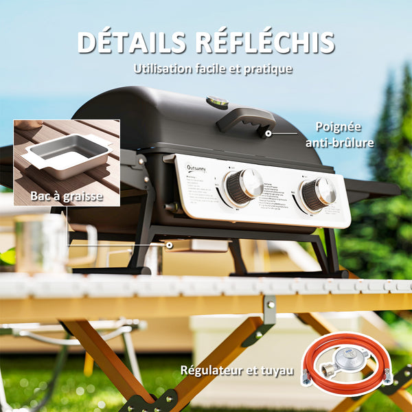 Barbecue gaz de table transportable, 2 brûleurs 5,6 kW, barbecue gaz de camping avec grille de cuisson, étagères latérales, couvercle, thermomètre, pour camping, jardin et balcon, noir