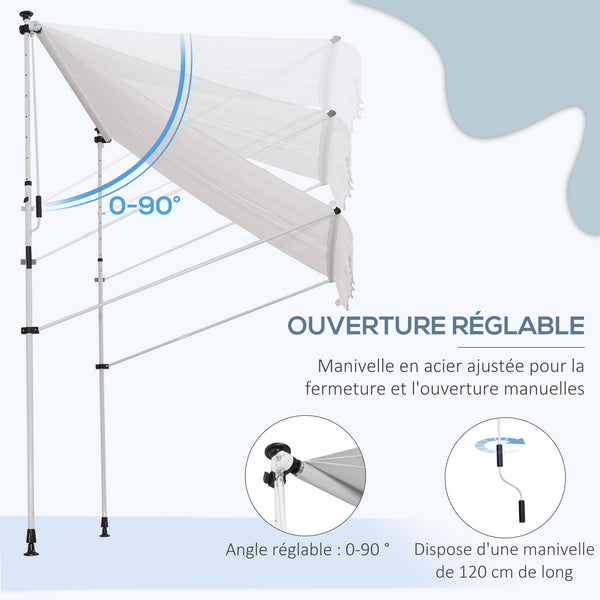 Store banne manuel rétractable 2L x 1,5l x 1,7-2,8H m inclinaison réglable installation rapide store banne sans perçage pour balcon métal aluminium polyester blanc