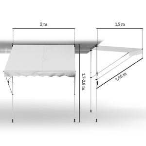 Store banne manuel rétractable 2L x 1,5l x 1,7-2,8H m inclinaison réglable installation rapide store banne sans perçage pour balcon métal aluminium polyester blanc