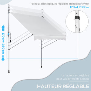 Store banne manuel rétractable 2L x 1,5l x 1,7-2,8H m inclinaison réglable installation rapide store banne sans perçage pour balcon métal aluminium polyester blanc