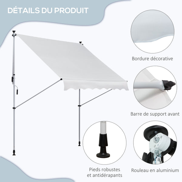 Store banne manuel rétractable 2L x 1,5l x 1,7-2,8H m inclinaison réglable installation rapide store banne sans perçage pour balcon métal aluminium polyester blanc