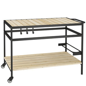 Desserte de jardin chariot pour plancha barbecue en bois et métal avec 2 étagères et 3 crochets - 107 x 65 x 80 cm noir naturel