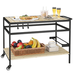 Desserte de jardin chariot pour plancha barbecue en bois et métal avec 2 étagères et 3 crochets - 107 x 65 x 80 cm noir naturel
