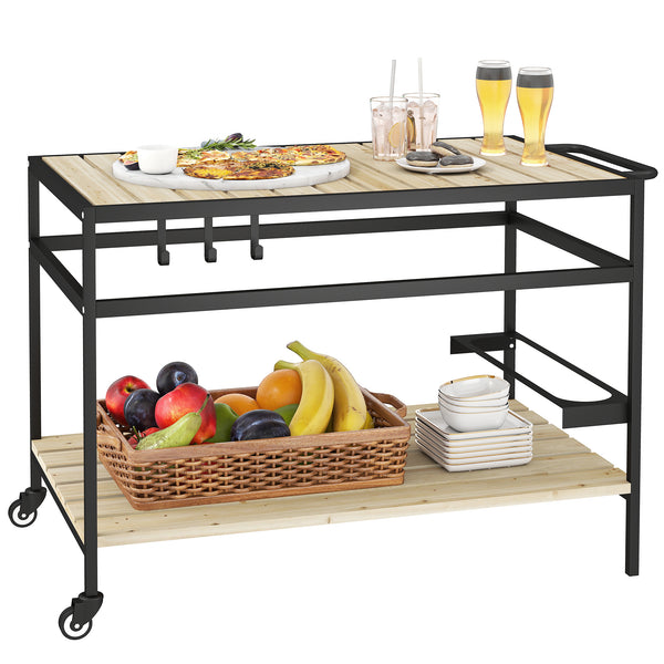 Desserte de jardin chariot pour plancha barbecue en bois et métal avec 2 étagères et 3 crochets - 107 x 65 x 80 cm noir naturel