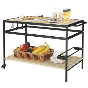 Desserte de jardin chariot pour plancha barbecue en bois et métal avec 2 étagères et 3 crochets - 107 x 65 x 80 cm noir naturel