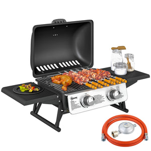 Barbecue gaz de table transportable, 2 brûleurs 5,6 kW, barbecue gaz de camping avec grille de cuisson, étagères latérales, couvercle, thermomètre, pour camping, jardin et balcon, noir