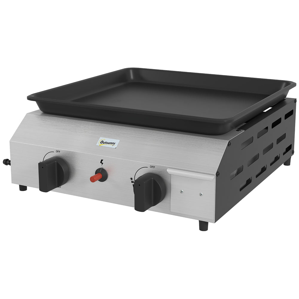 Plancha gaz en acier inox émaillé plaque de cuisson 2 brûleurs 4,8 kW antiadhésive grande surface de cuisson 40L x 34l cm, transportable