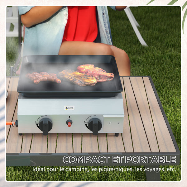 Plancha gaz en acier inox émaillé plaque de cuisson 2 brûleurs 4,8 kW antiadhésive grande surface de cuisson 40L x 34l cm, transportable