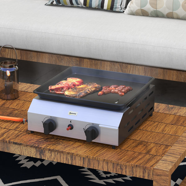 Plancha gaz en acier inox émaillé plaque de cuisson 2 brûleurs 4,8 kW antiadhésive grande surface de cuisson 40L x 34l cm, transportable