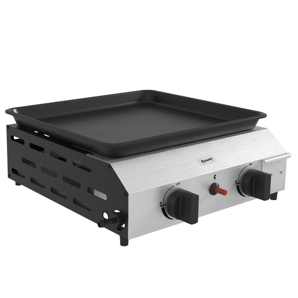 Plancha gaz en acier inox émaillé plaque de cuisson 2 brûleurs 4,8 kW antiadhésive grande surface de cuisson 40L x 34l cm, transportable