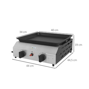 Plancha gaz en acier inox émaillé plaque de cuisson 2 brûleurs 4,8 kW antiadhésive grande surface de cuisson 40L x 34l cm, transportable