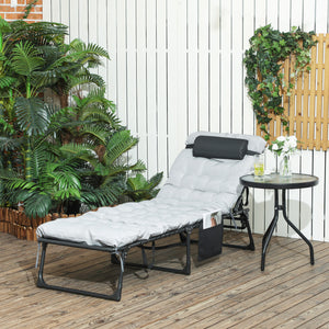 Bain de soleil, chaise longue pliante avec coussin, appuie-tête, poche latérale, textilène, transat jardin extérieur inclinable de plage camping piscine terrasse 58 x 189 x 32,5 cm gris clair