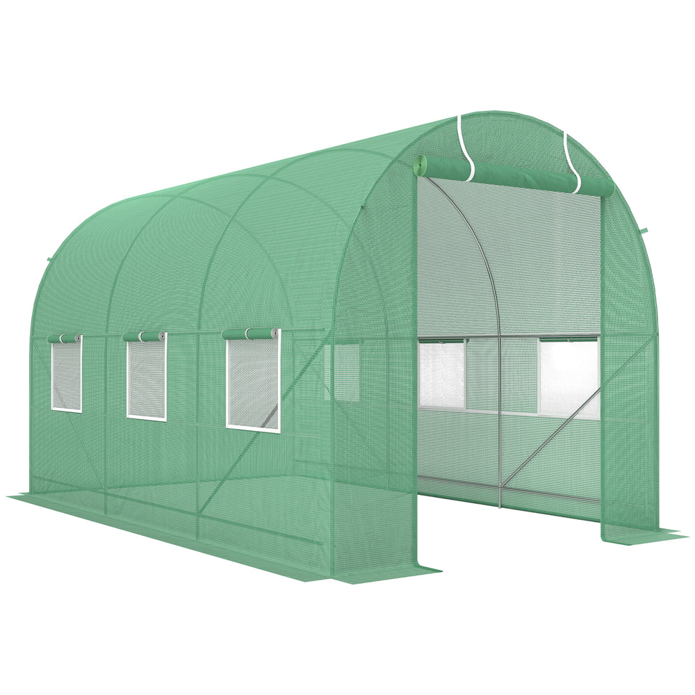 Serre de Jardin Tunnel Surface Sol 7m² 3,5L x 2l x 2H m châssis Tubulaire renforcé Porte zippée 6 fenêtres enroulables Vert