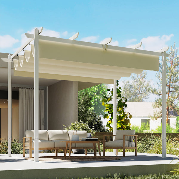 Pergola de Jardin 4 x 3 m avec Toit Rétractable, Gazebo Autoportant avec Trous de Drainage, Protection Solaire UPF30+, Beige